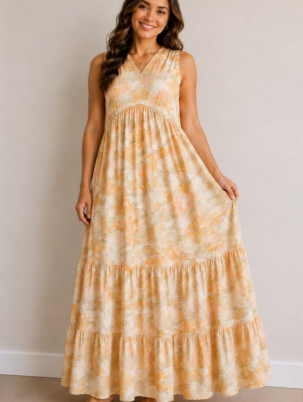 A-213 Loren Floral Maxi Dress Smocked Back Sleeveless V-Neck Tiered Small